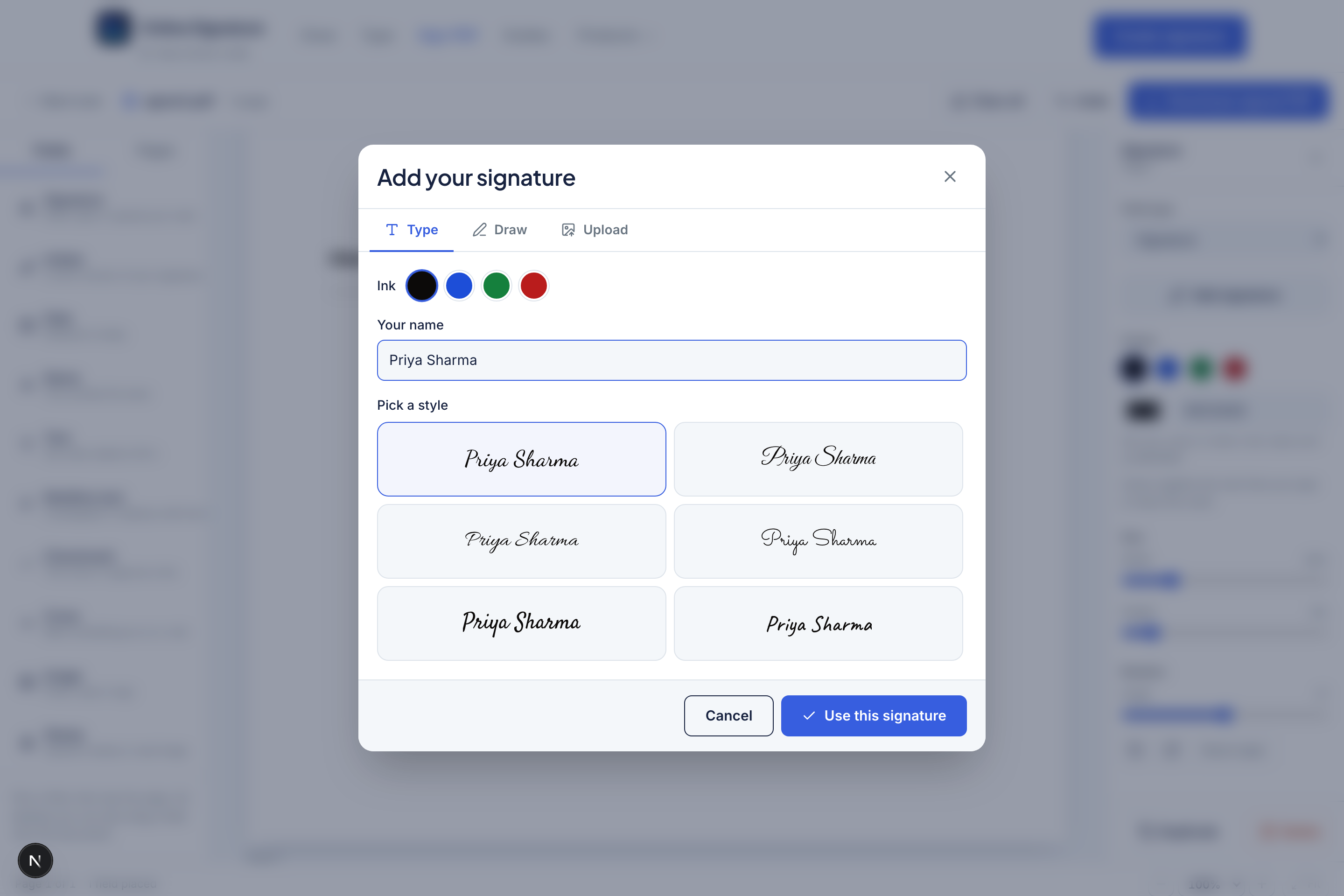 Signature capture modal with Type, Draw and Upload tabs.