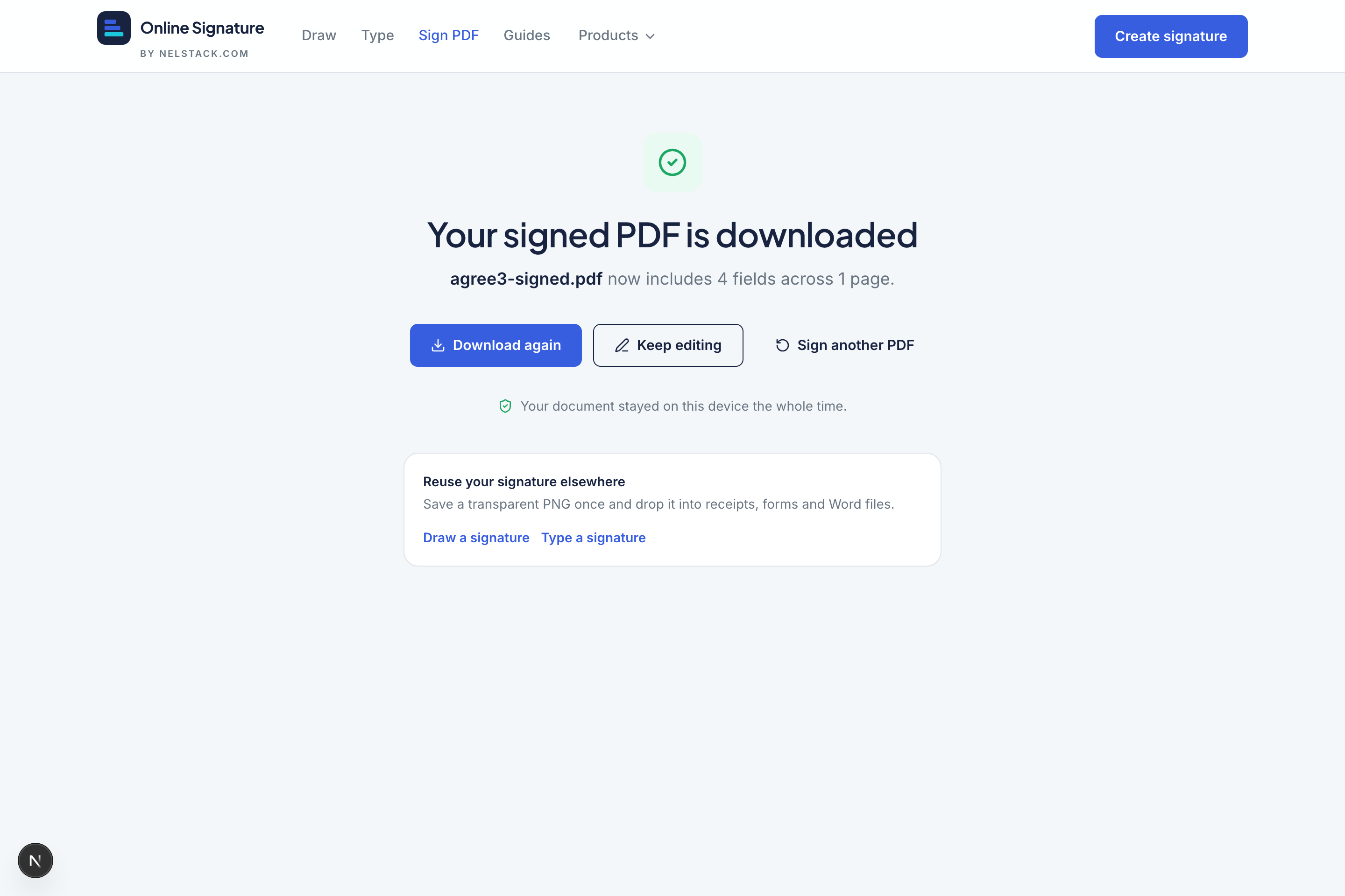 Sign PDF finish screen confirming the signed PDF is ready to download again.