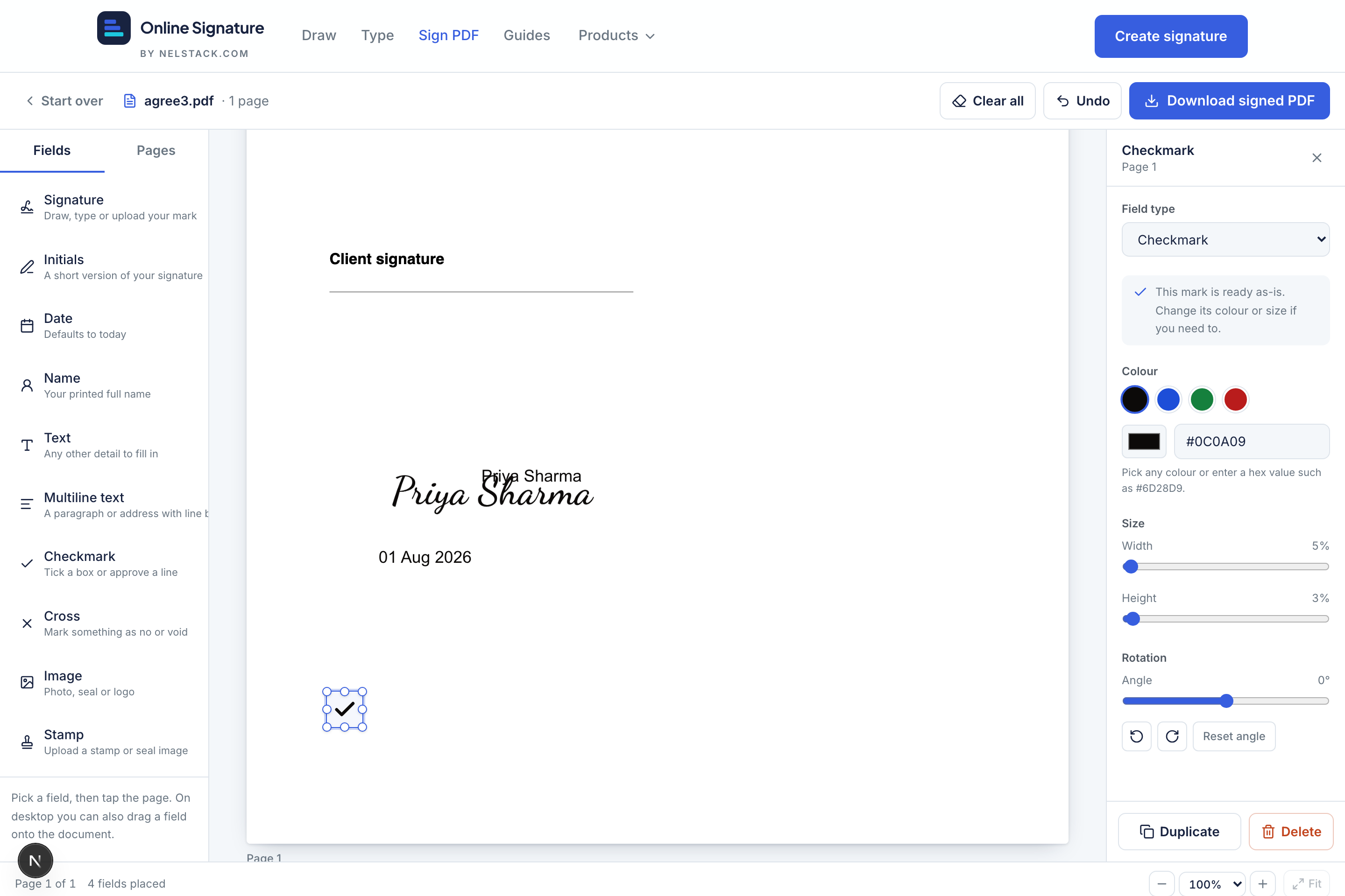 Sign PDF properties panel showing rotation, size, font and colour controls for a selected field.