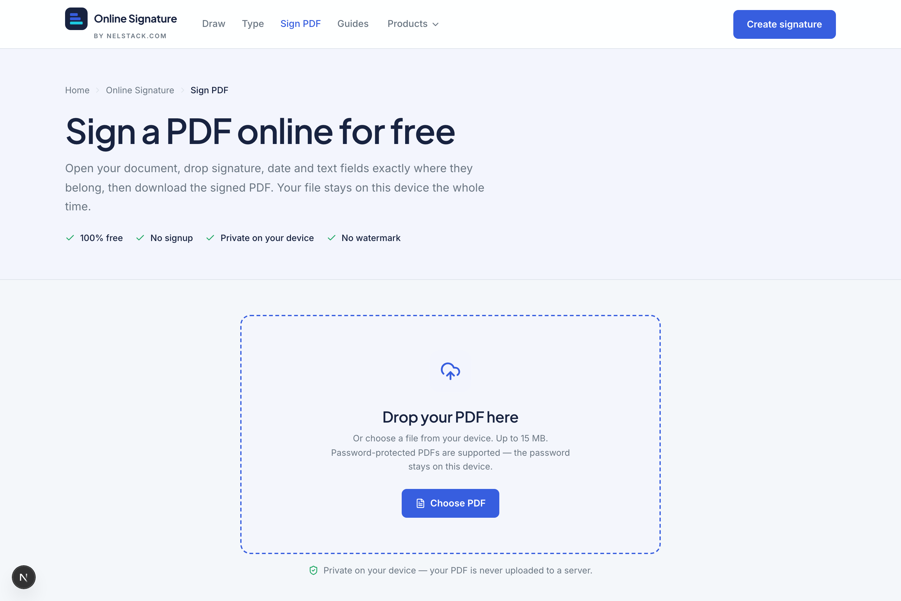 Sign PDF landing with trust points and a drag-and-drop PDF upload area.