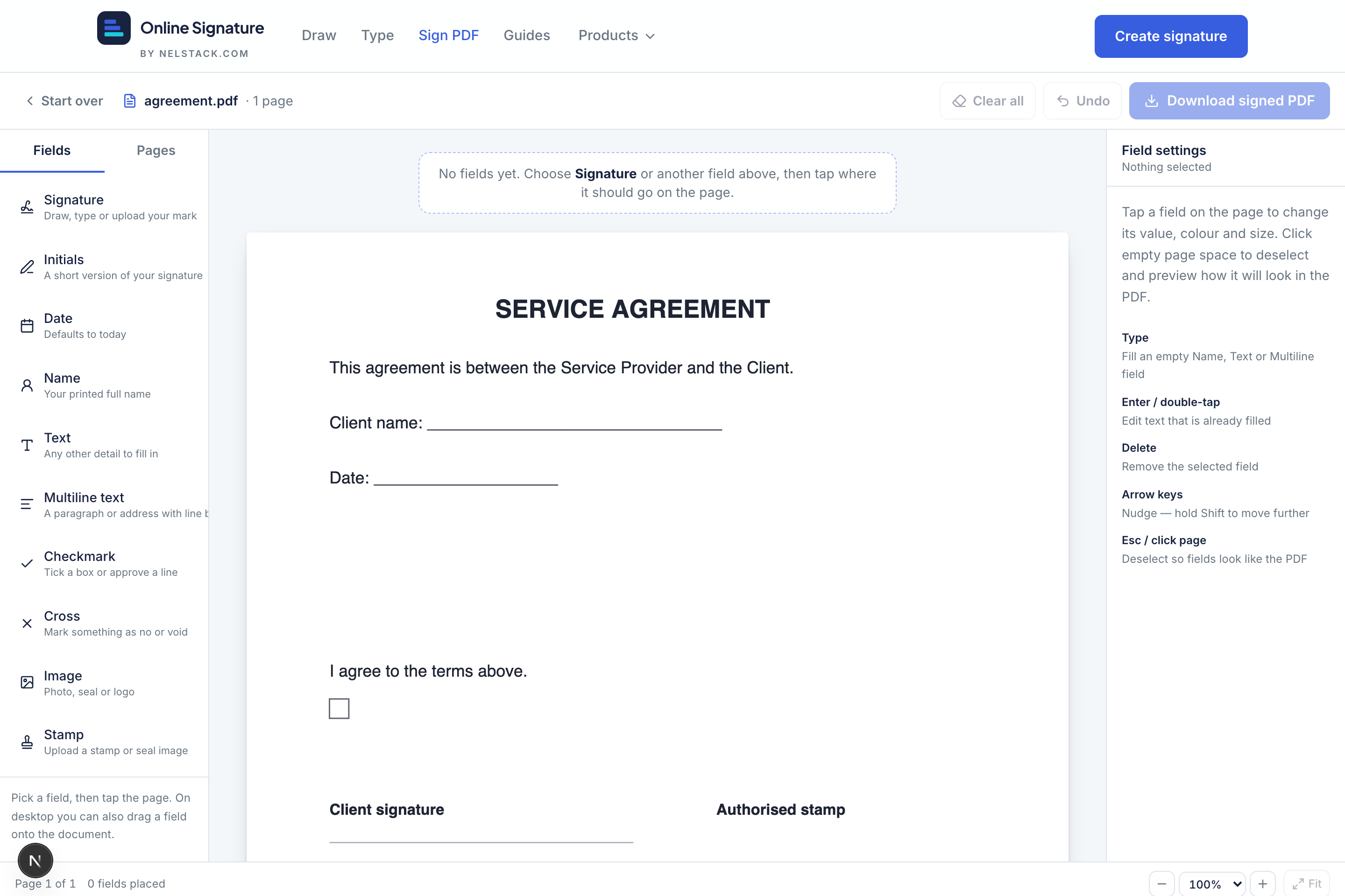 Sign PDF workspace with field sidebar, PDF page and properties panel.