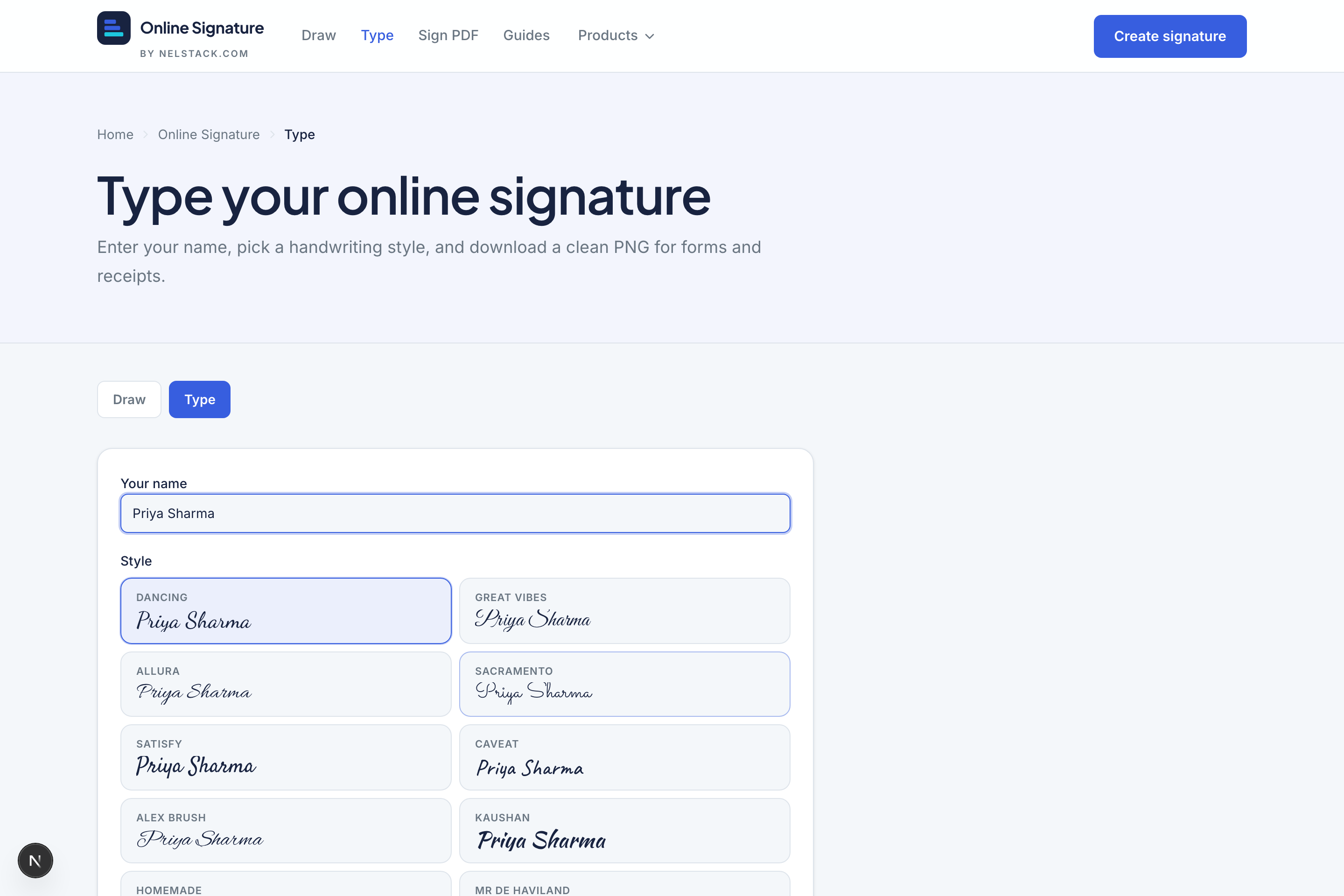The type signature pad showing a name in a cursive font with font and ink controls.
