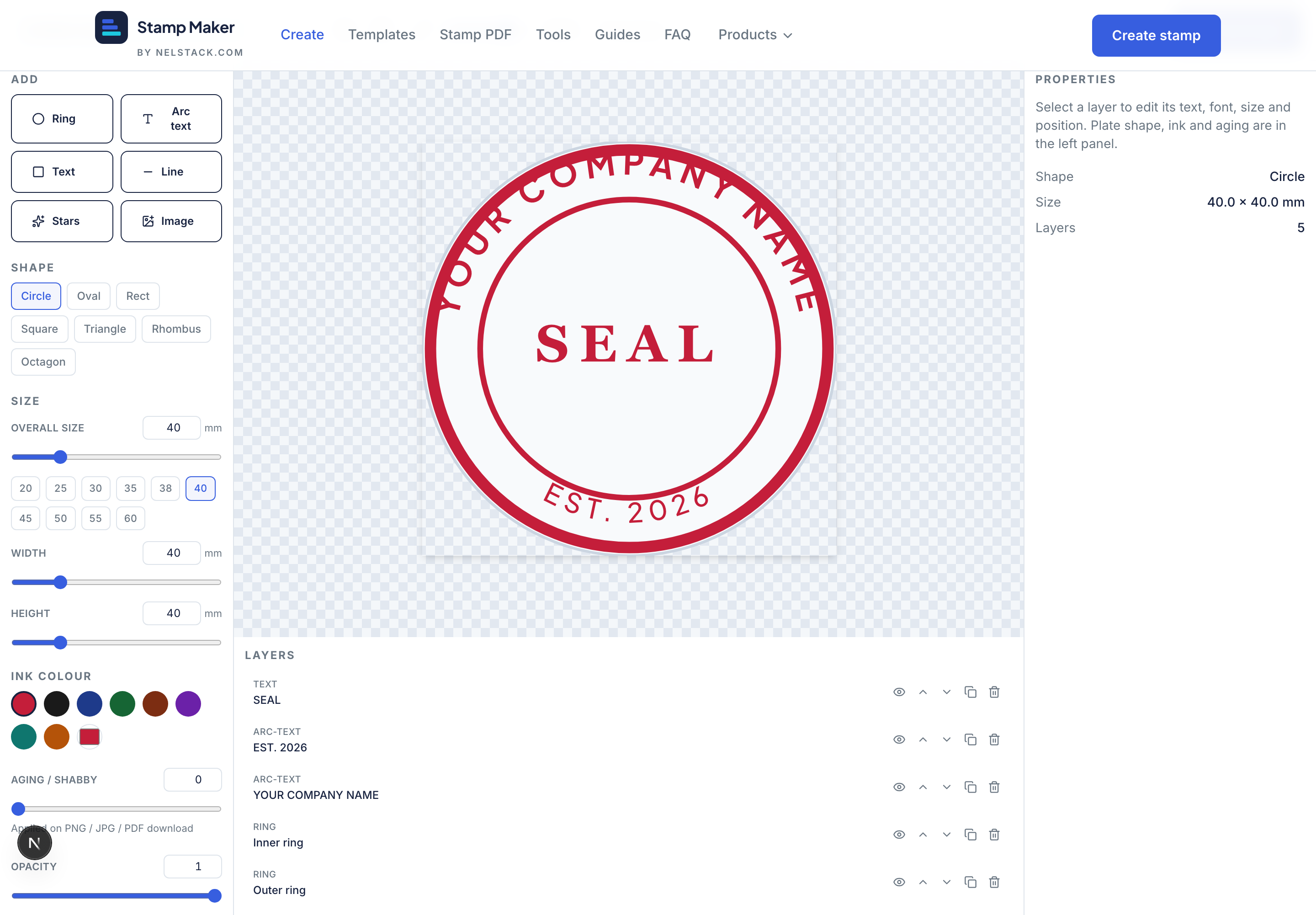 The Stamp Maker editor open with a starter circular stamp, ready to edit.