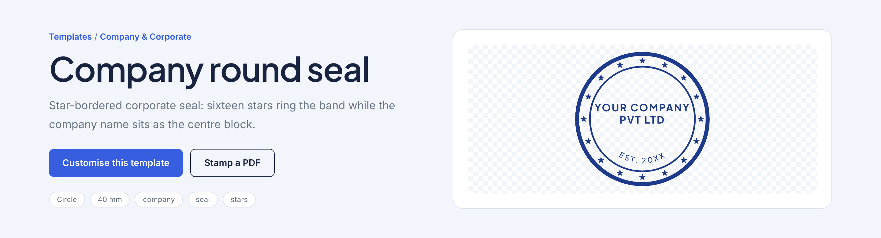 A template detail page with a large preview and a Customise this template button.