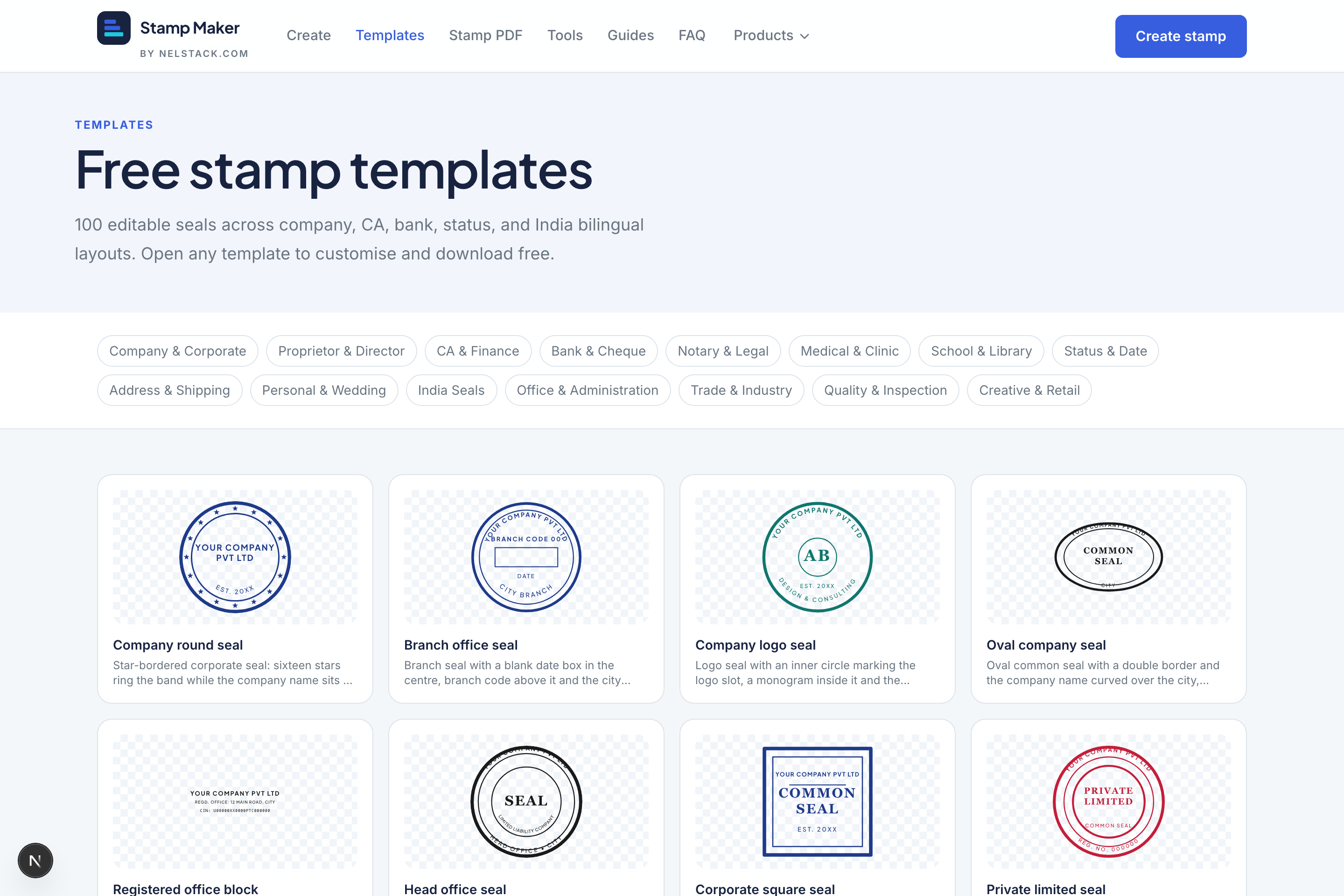 The templates gallery with category chips and a grid of live stamp previews.