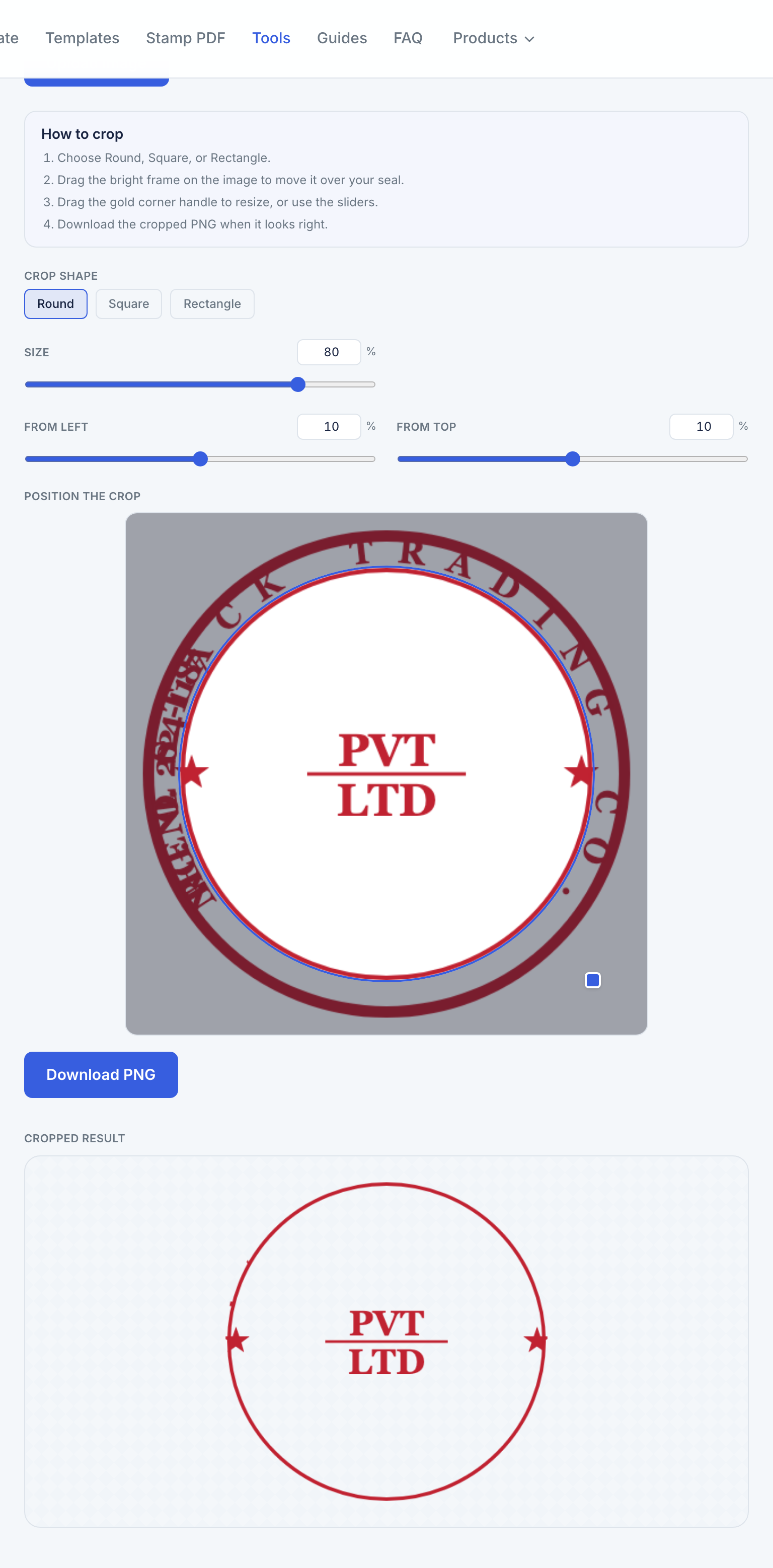 The crop tool with a round crop frame over a seal image and shape and size controls.