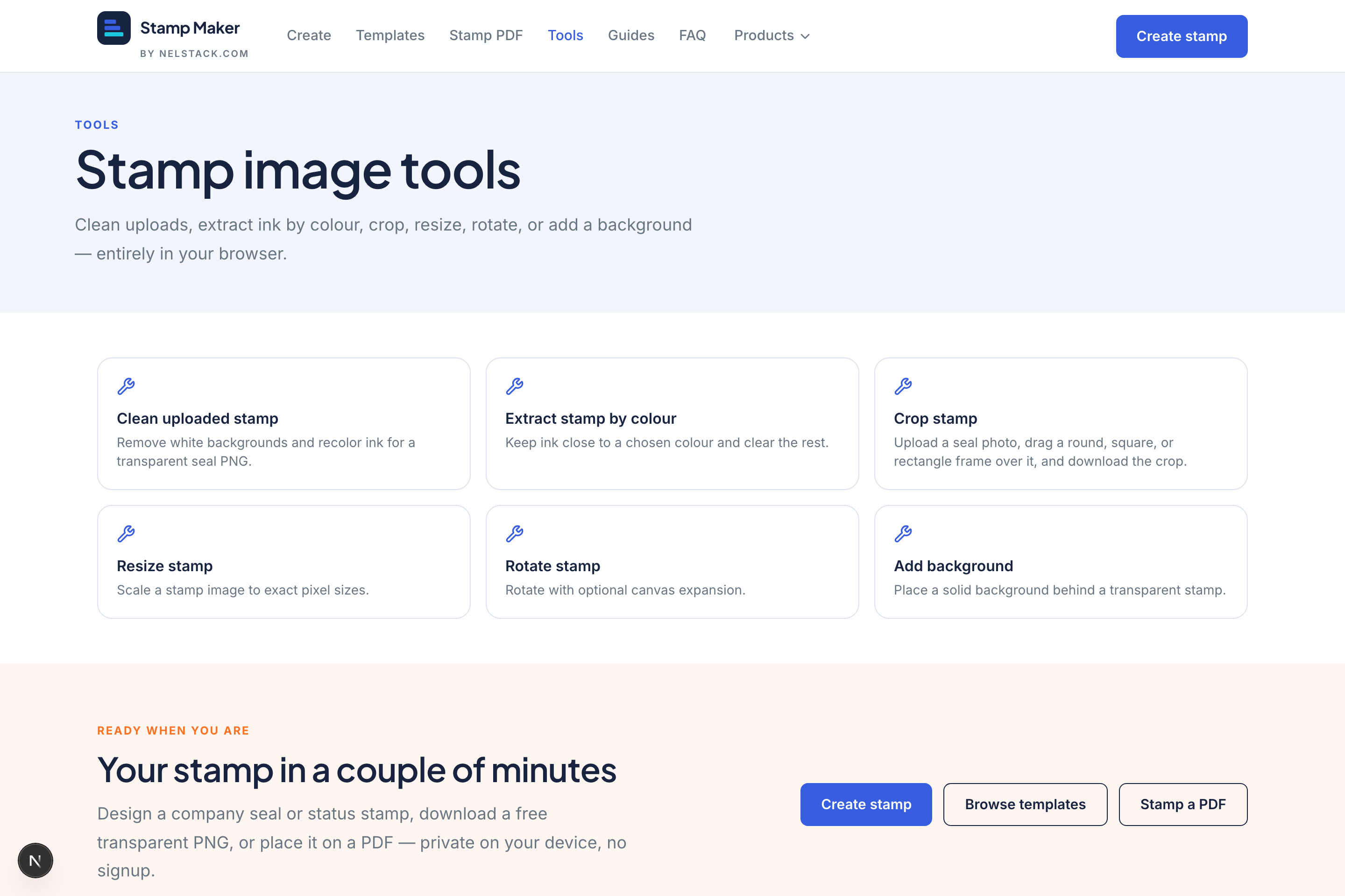 The stamp tools page listing six tools: clean, extract, crop, resize, rotate and background.